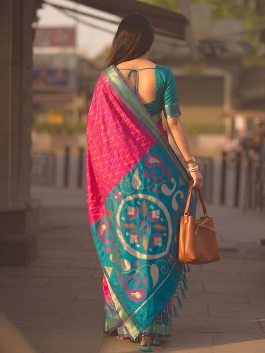 Pink & Teal Soft Silk Ikat Saree | EZB SI04 SUIDR1004