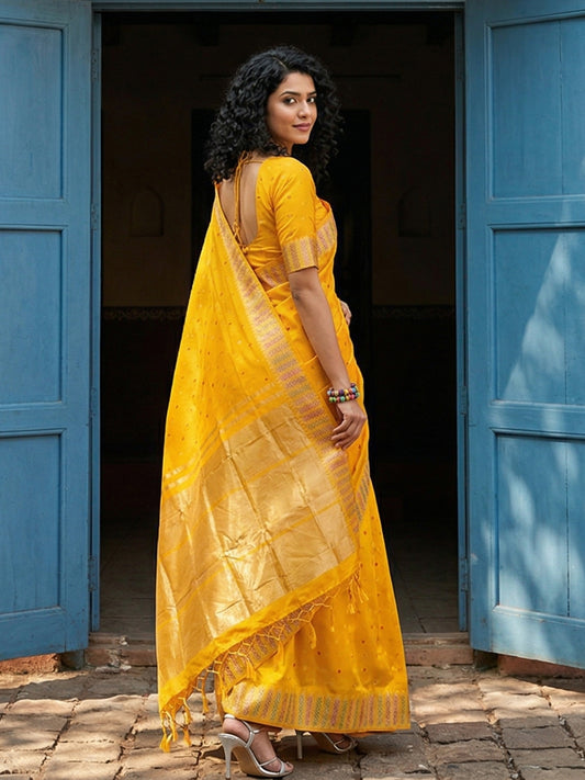 Silk Blend Yellow Brocade Saree With Blouse Piece