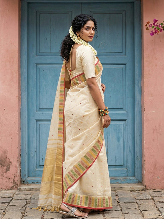 Silk Blend Cream Brocade Saree With Blouse Piece
