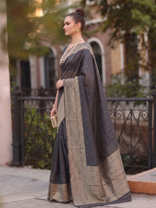 Black Cotton Blend Brocade Pallu Saree | EZB SI04 SUKAT1001