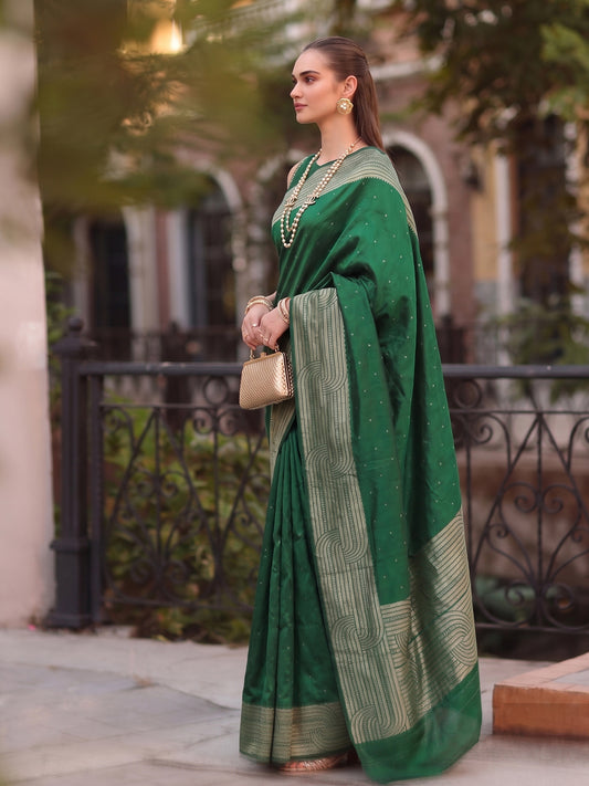 Green Cotton Blend Brocade Pallu Saree | EZB SI04 SUKAT1003