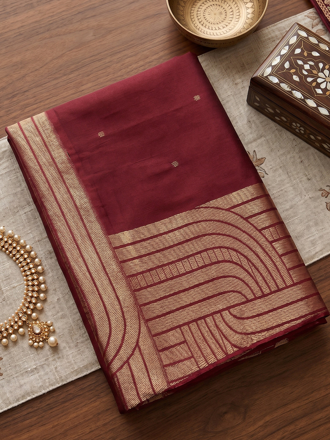 Maroon Cotton Blend Brocade Pallu Saree | EZB SI04 SUKAT1004