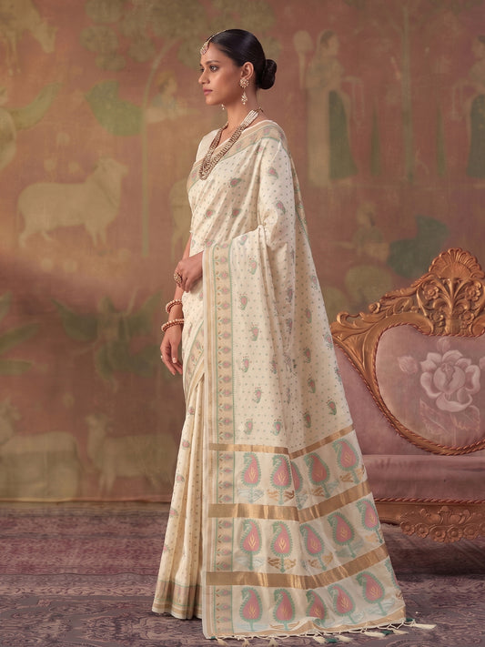 Cream Soft Silk Woven Paisley Saree | EZB SI04 SUKHV1001