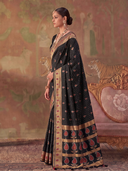Black Soft Silk Woven Paisley Saree | EZB SI04 SUKHV1004
