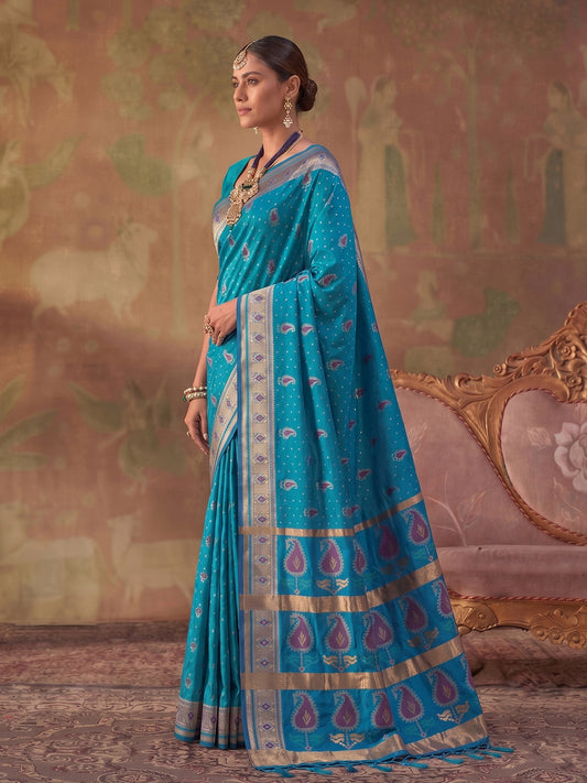 Teal Soft Silk Woven Paisley Saree | EZB SI04 SUKHV1006