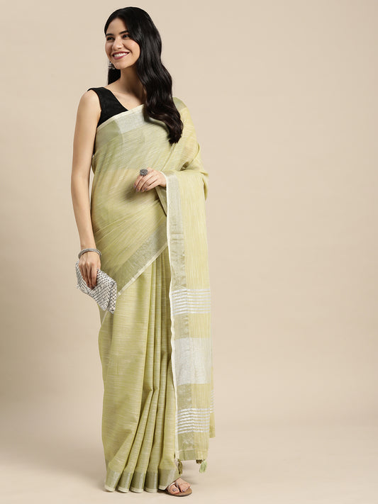Linen Cotton Olive Green Brocade Saree With Blouse Piece