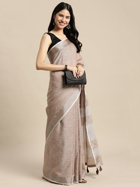 Linen Cotton Beige Brocade Saree With Blouse Piece