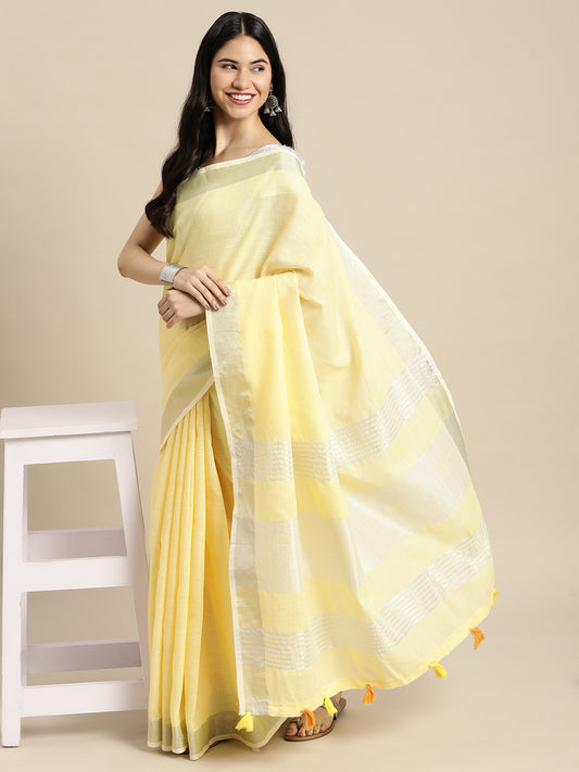 Linen Cotton Yellow Brocade Saree With Blouse Piece