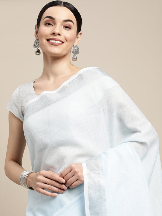 Linen Cotton Sky Blue Brocade Saree With Blouse Piece