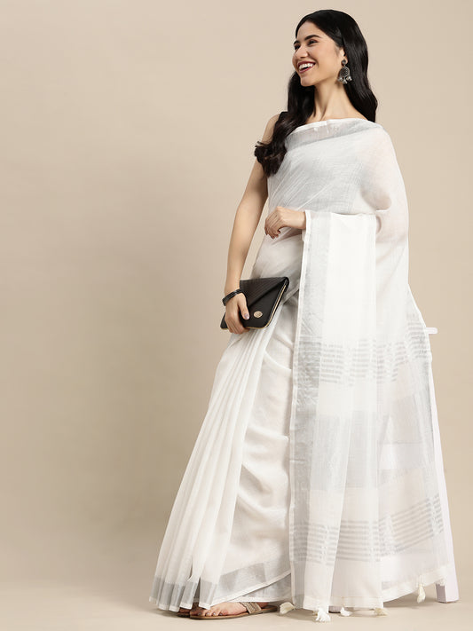 Linen Cotton White Brocade Saree With Blouse Piece