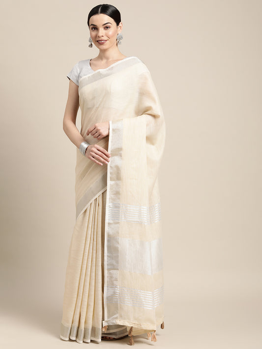 Linen Cotton Cream Brocade Saree With Blouse Piece