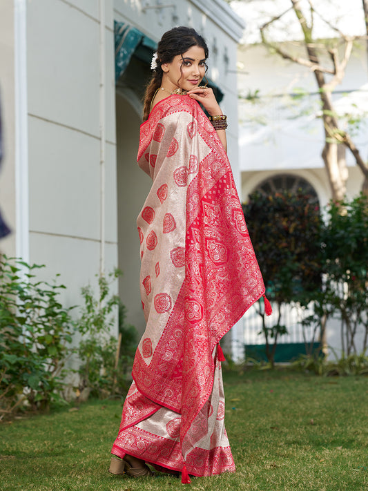 Silk Blend Cream & Red Brocade Saree With Blouse Piece