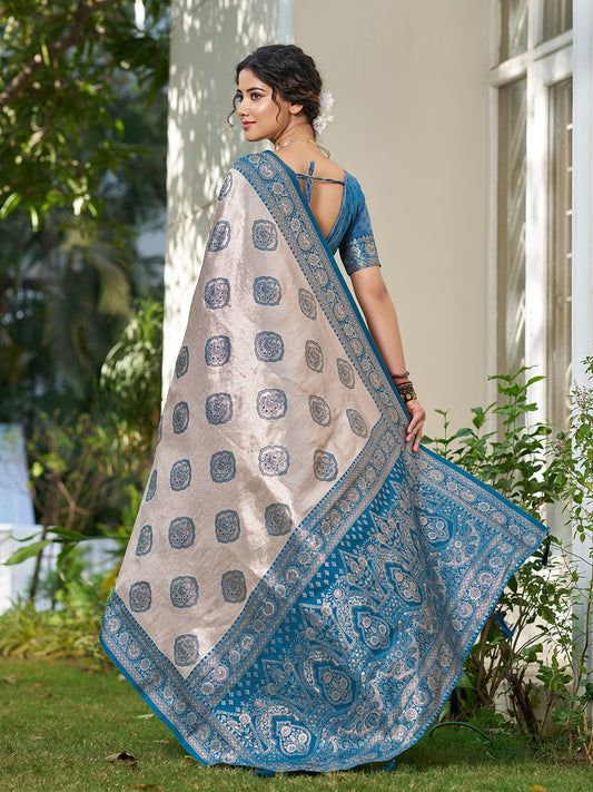 Silk Blend Cream & Blue Brocade Saree With Blouse Piece