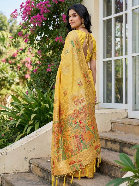 Linen Cotton Yellow Brocade Saree With Blouse Piece