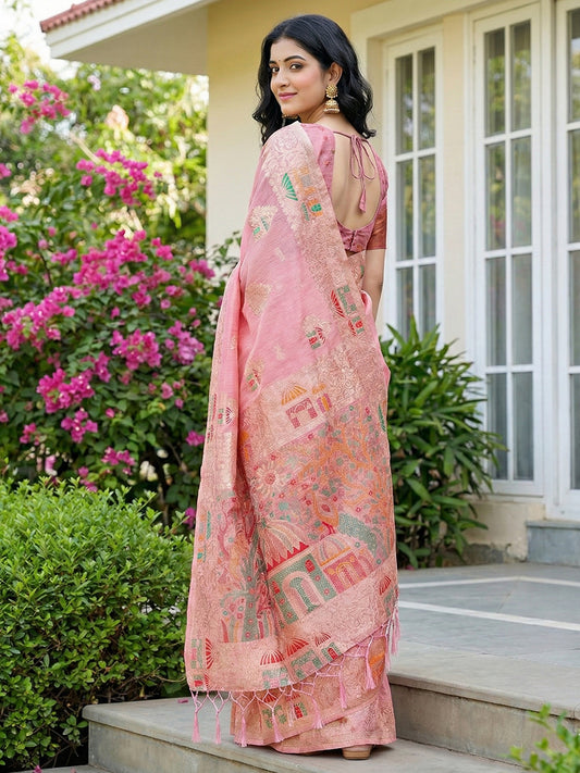 Linen Cotton Pink Brocade Saree With Blouse Piece