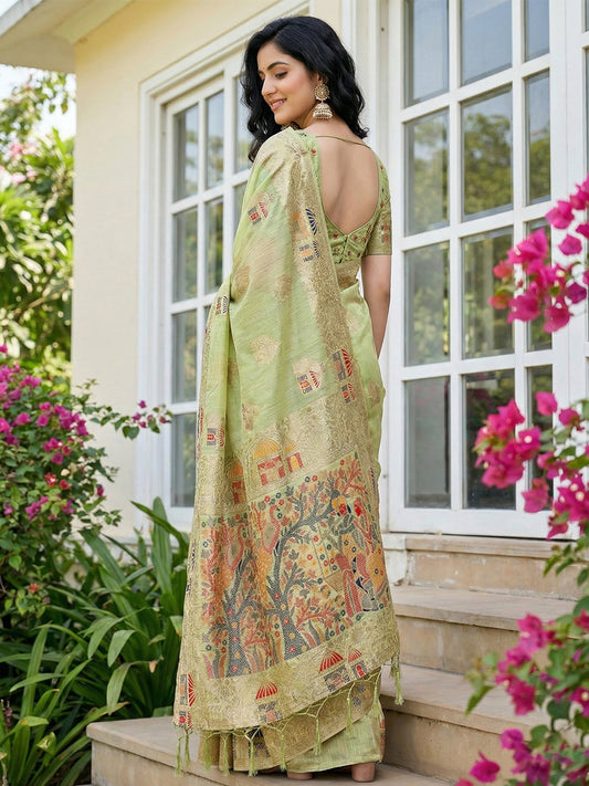 Linen Cotton Light Green Brocade Saree With Blouse Piece