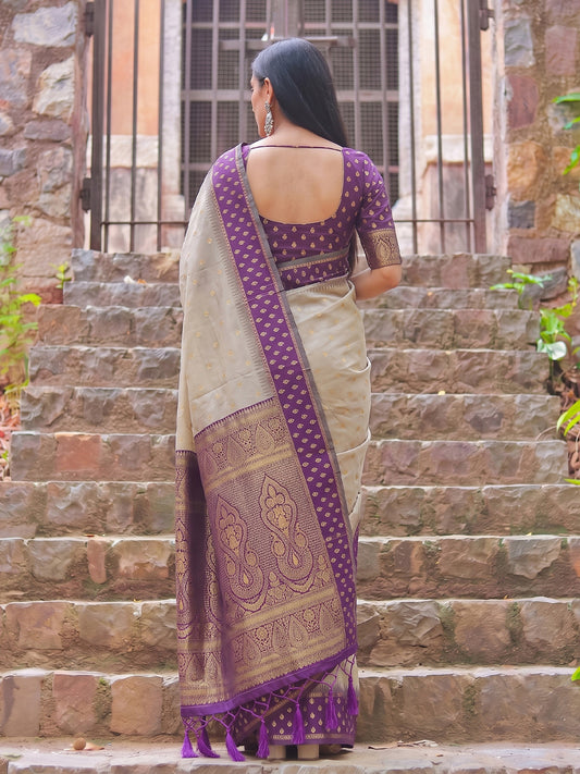Brown & Purple Cotton Banarasi Saree | EZB SI04 SUMAD2003
