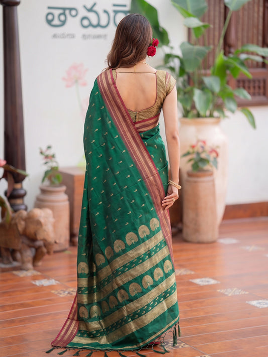 Green & Golden Soft Silk Ikat Saree | EZB SI04 SUMAH2004