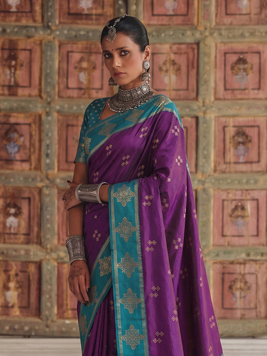 VIOLET & RAMA GREEN Soft Silk Banarasi Saree | EZB SI04 SUMER2001