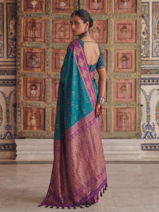 TEAL GREEN & VIOLET Soft Silk Banarasi Saree | EZB SI04 SUMER2002
