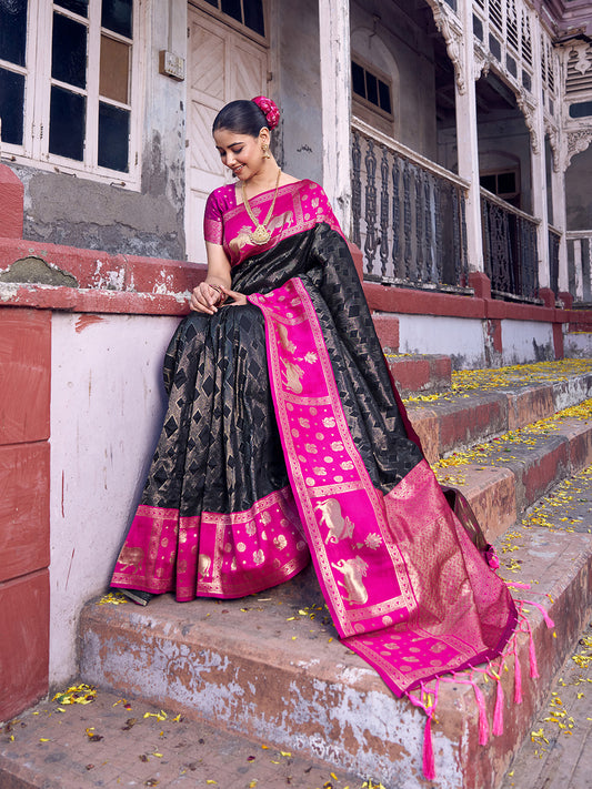 Soft Silk Black Brocade Saree With Blouse Piece