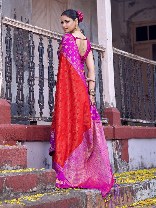 Soft Silk Red Brocade Saree With Blouse Piece