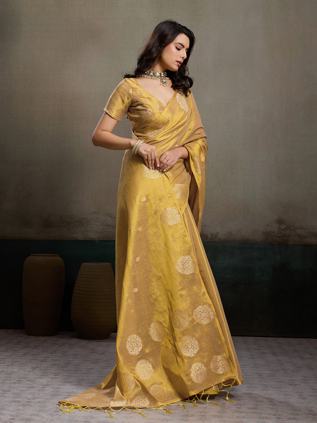 Tissue Silk Beige Brocade Saree With Blouse Piece