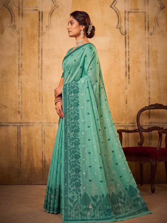 Sea Green Cotton Woven Floral Saree | EZB SI04 SURAN1002