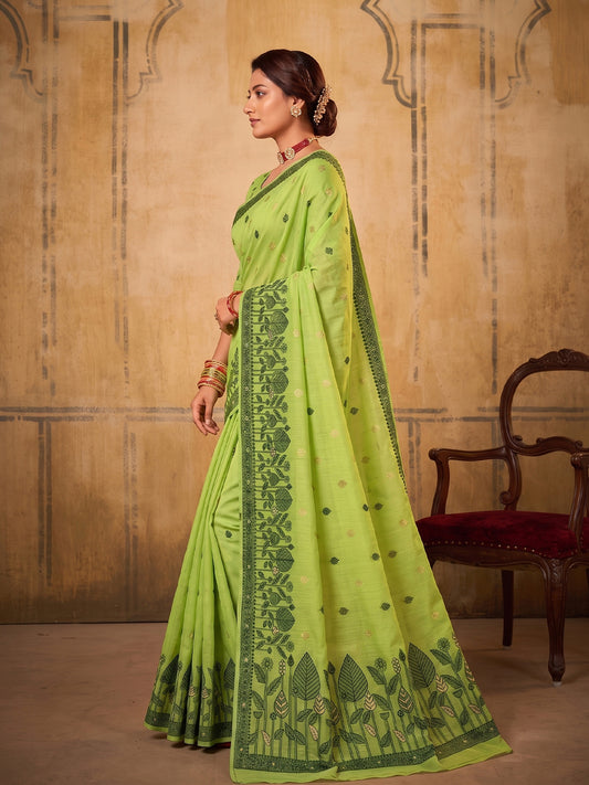 Light Green Cotton Woven Floral Saree | EZB SI04 SURAN1004