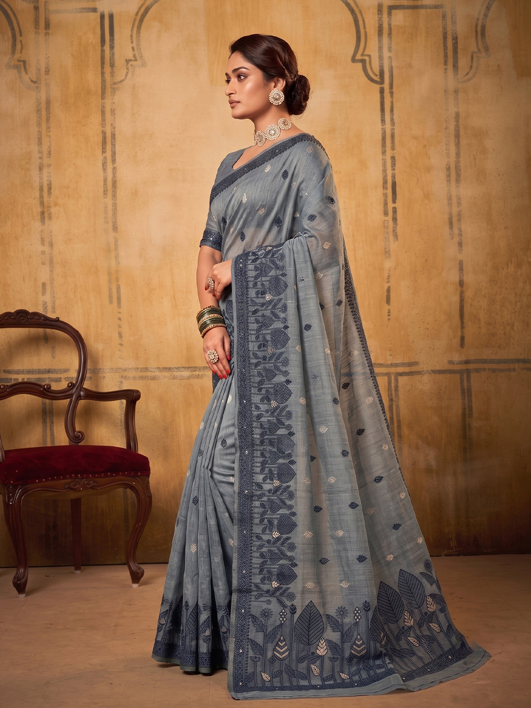 Grey Cotton Woven Floral Saree | EZB SI04 SURAN1006