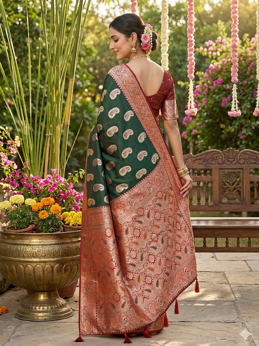 Silk Blend Green Brocade Saree With Blouse Piece