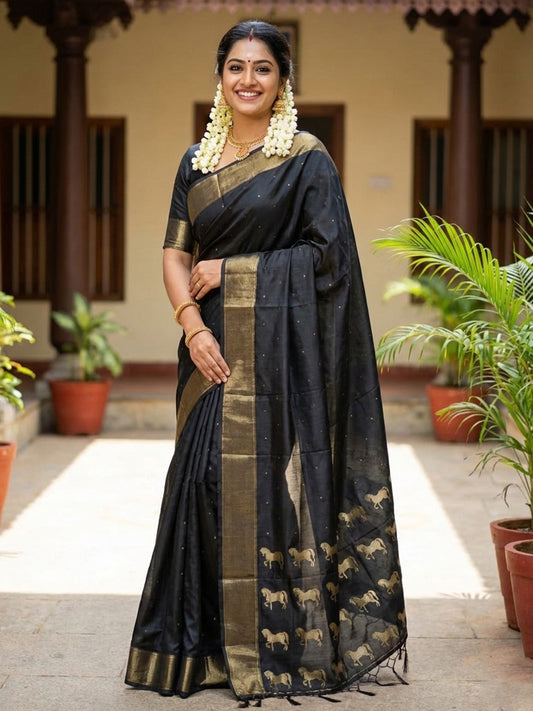 BLACK Soft Silk Saree with Blouse Piece