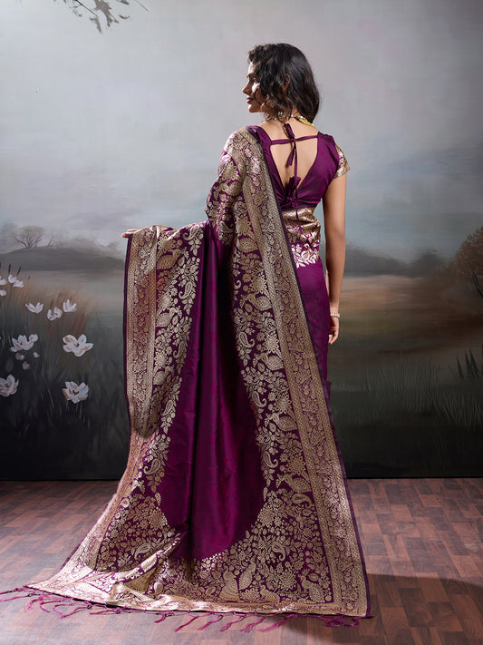 Silk Blend Wine Brocade Saree With Blouse Piece