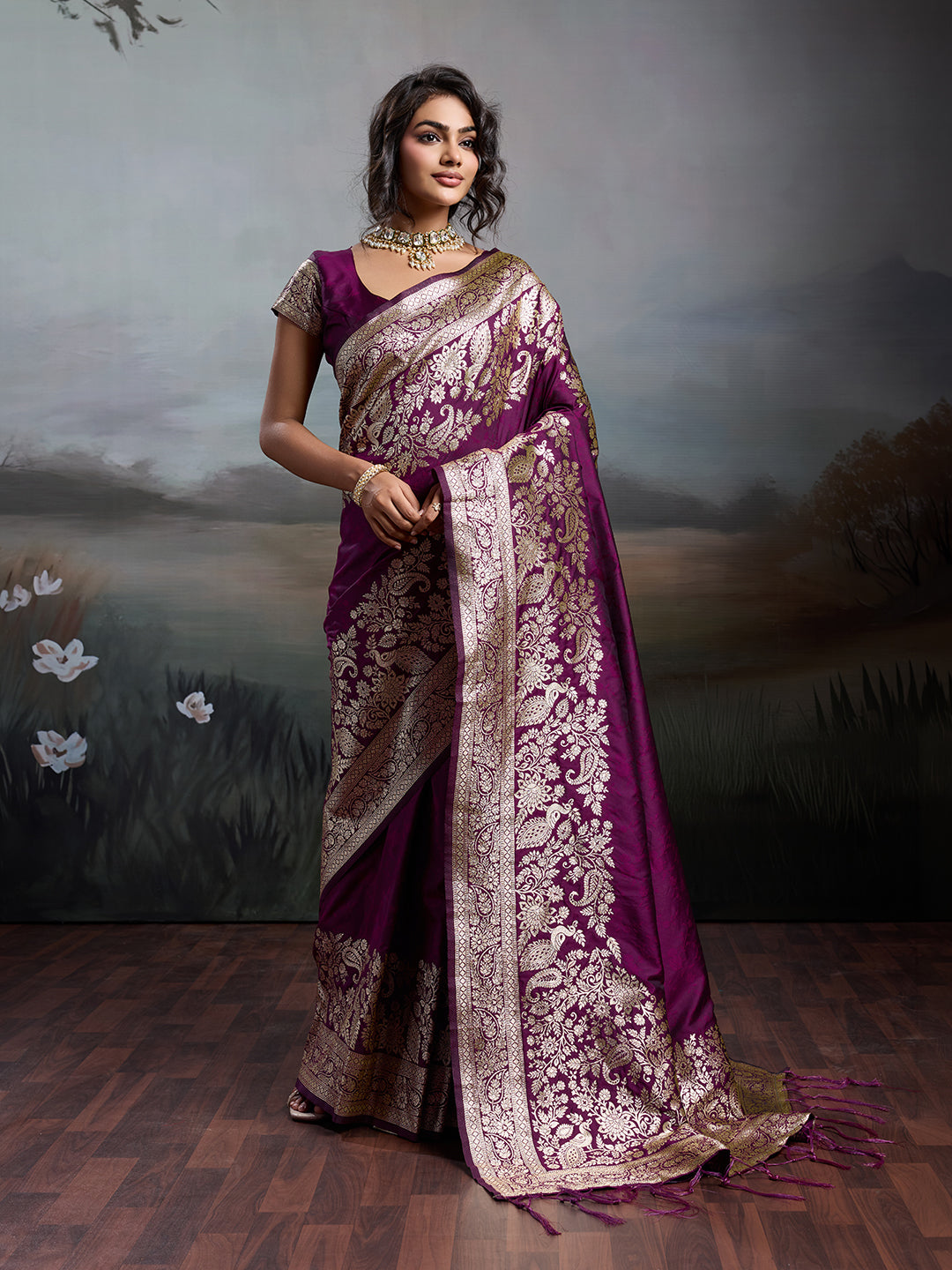Silk Blend Wine Brocade Saree With Blouse Piece