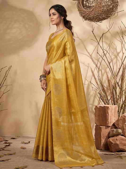 Tissue Silk Yellow Brocade Saree With Blouse Piece