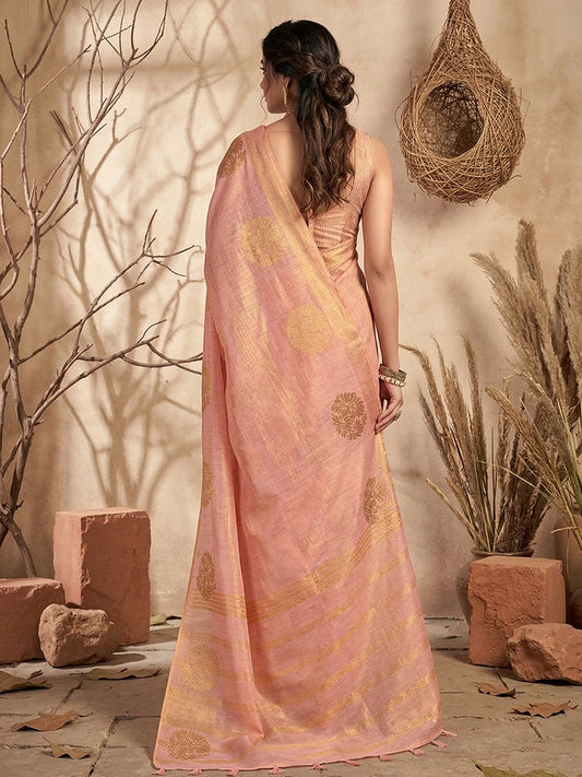 Tissue Silk Pink Brocade Saree With Blouse Piece