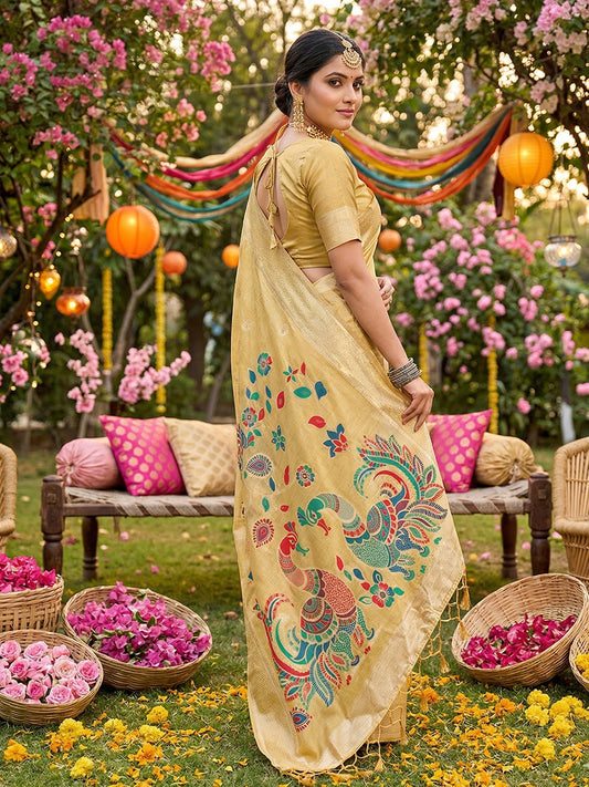 Linen Cotton Yellow Brocade Saree With Blouse Piece