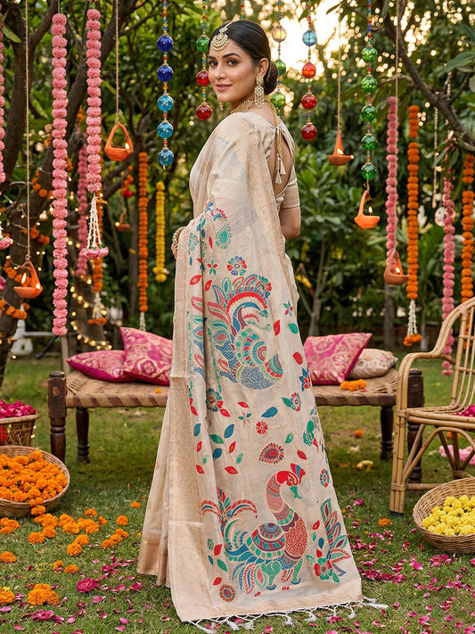 Linen Cotton Cream Brocade Saree With Blouse Piece