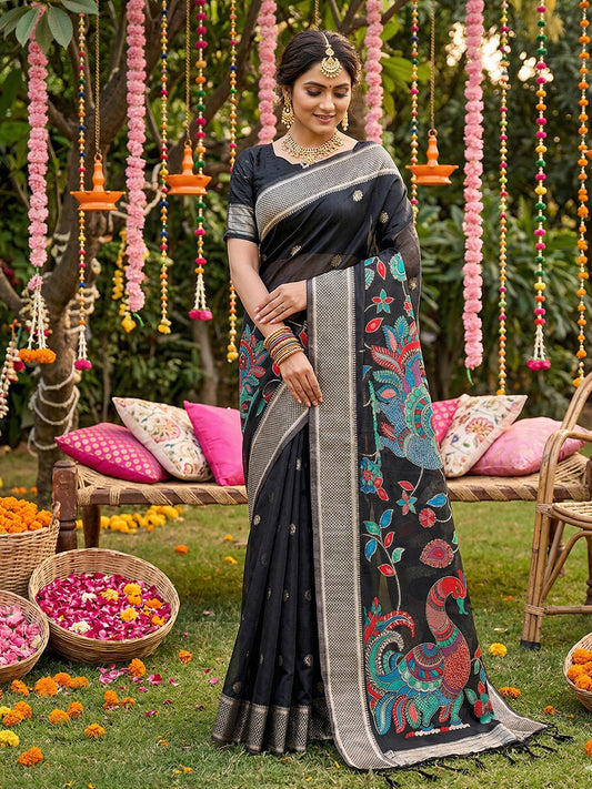Linen Cotton Black Brocade Saree With Blouse Piece