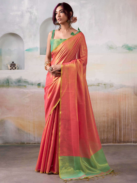 Peach Tissue Silk Saree with Blouse Piece