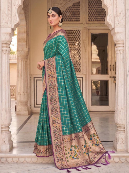 Teal Banarasi Silk Contrast Pallu Saree | EZB SI04 SUKLN1006 - EZBER