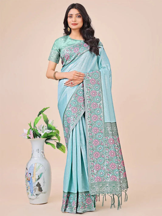 Teal Lichi Silk Saree With Blouse Piece - EZBER