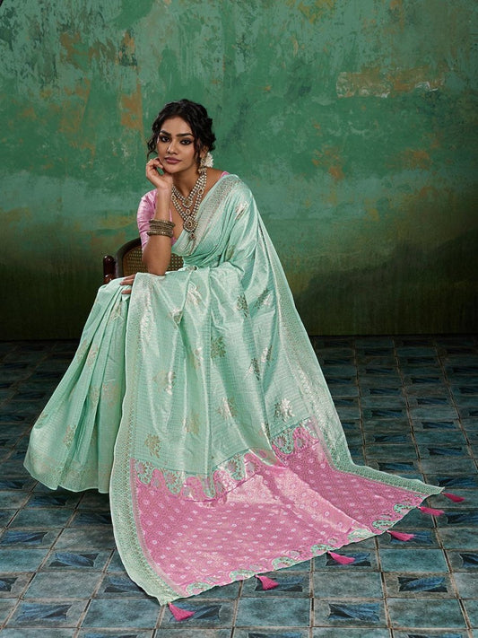 Teal Linen Cotton Contrast Pallu Saree | EZB SI04 SUBLO1006 - EZBER