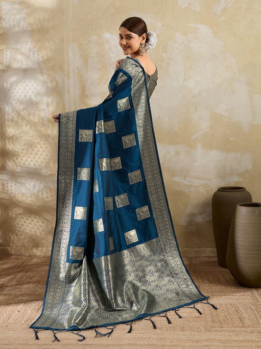 Teal Silk Blend Handloom Saree | EZB SI04 SURJW3005 - EZBER
