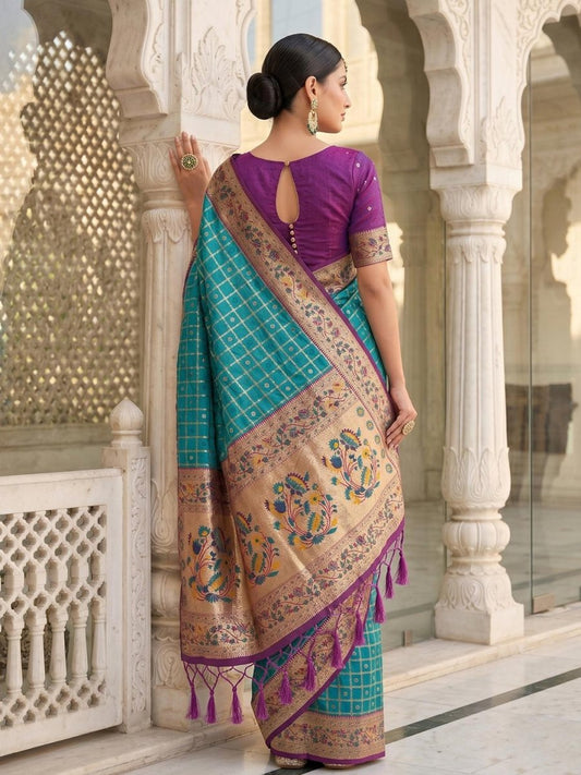 Turq Banarasi Silk Contrast Pallu Saree | EZB SI04 SUKLN1002 - EZBER