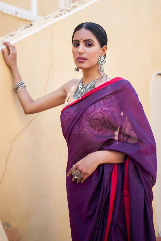Purple Cotton Saree with Blouse Piece | EZBER