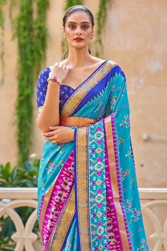 Blue Patola Saree with Blouse Piece | EZBER