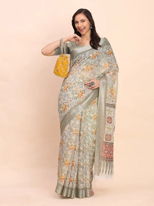 White COTTON CRUSH Linen Cotton Saree with Blouse Piece - EZBER