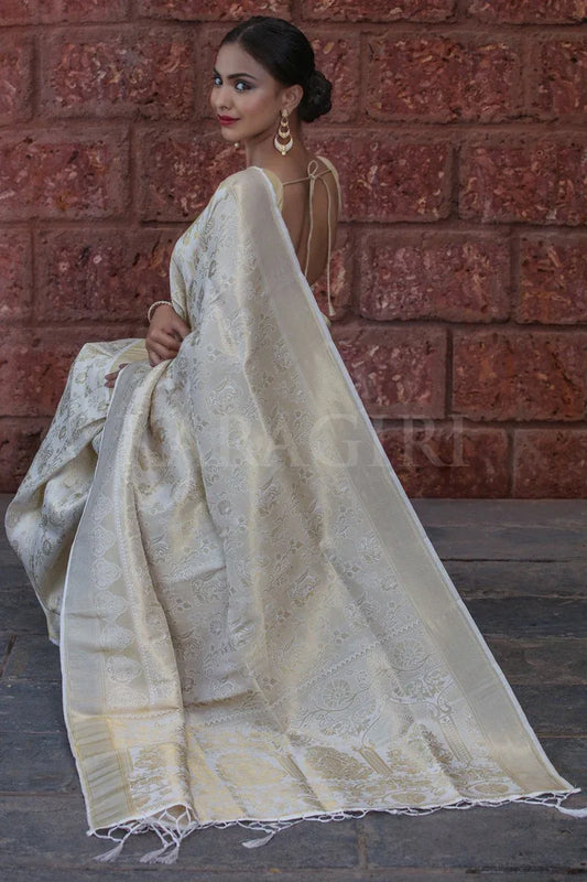 White Kanjivaram Saree - EZBER
