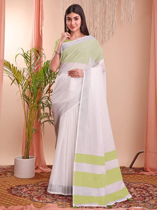 White Linen Cotton Saree With Blouse Piece - EZBER